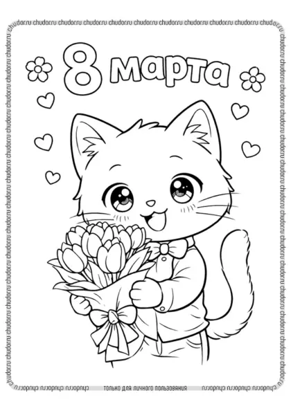 Раскраска Котёнок с букетом цветов