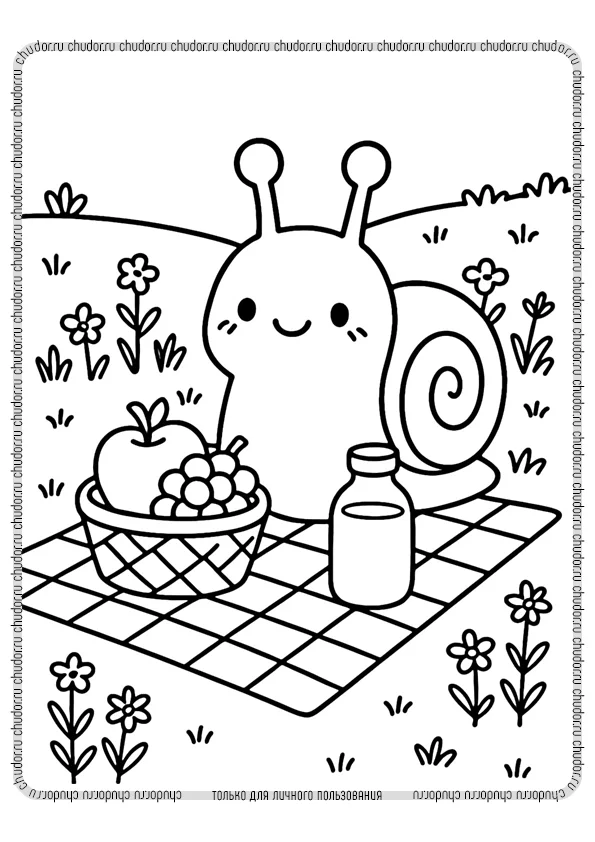 Раскраски «Улитки» – Kawaii Улитка на пикнике – Версия для печати Раскраска Kawaii Улитка на пикнике скачать или распечатать